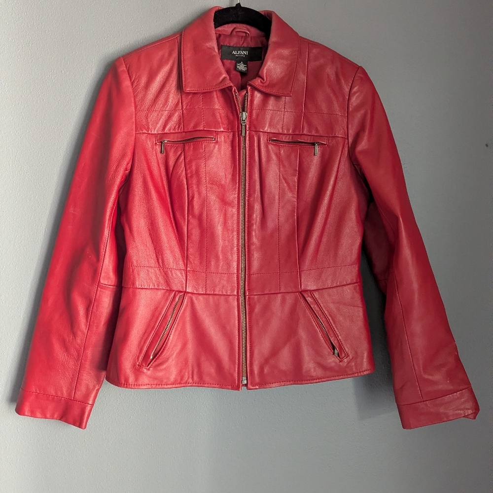 Alfani petite red leather jacket. Women size small 18.5 x29 x22